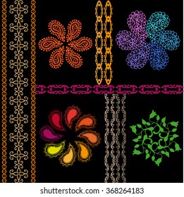 Boho style patterns set. Ethnic textile collection. Abstract floral, geometric, paisleys circle prints, colorful oriental borders. Rainbow colors palette, metallic effect. Backgrounds & textures shop.