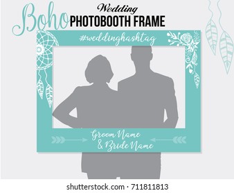 Boho Style Photobooth Wedding Frame With Hashtag For Sharing The Photo. Blue White Vector Template With Dreamcatcher And Flowers .