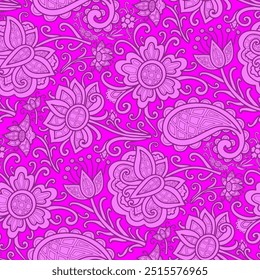 Boho style pink floral ornament, swirl pattern. Seamless floral pattern-394.