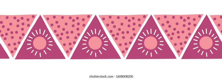 Boho style pink triangles seamless vector border. Hand drawn pattern tribal ethnic motifs pink. Geometric repeating background. Sun symbol. Triangle shape repeat tile for banners, card, fabric, ribbon