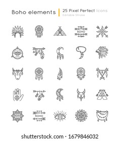 Boho style pixel perfect linear icons set. Native American Indian amulets. Dreamcatcher ethnic charms. Customizable thin line contour symbols. Isolated vector outline illustrations. Editable stroke