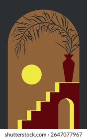 Boho style poster Daytime landscape with sunny weather and palm branch. Print for clothes ann notebook