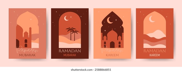 Boho style poster set featuring Islamic windows and arches with various scenic views. Modern oriental design with elegant frames showcasing Arabic Muslim landscapes, perfect for Ramadan Kareem decor