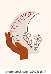 Afiches de estilo boho con una mano mística sosteniendo la luna. El símbolo mágico de la luna. Los afiches celestes son ideales para carteles, afiches, postales. Ilustración del vector