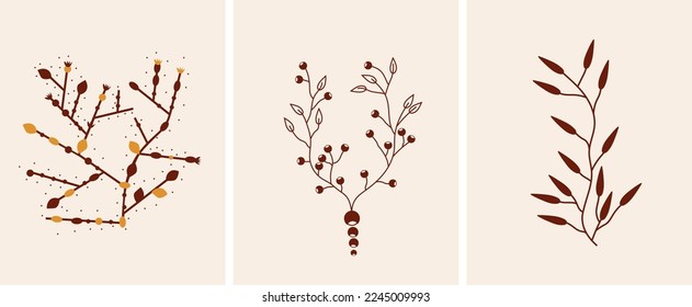 Boho style posters with mystical leaves on a beige background. Minimalistic design for posters, banners, cosmetics, spa. Vector illustration