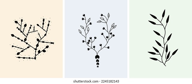 Boho style posters with mystical leaves on a beige background. Minimalistic design for posters, banners, cosmetics, spa. Vector illustration