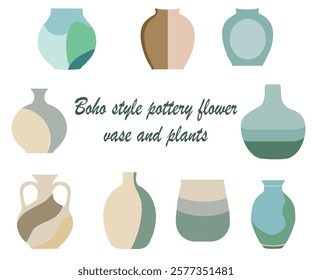 Boho style pottery flower vase and plants