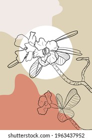 Boho Stildruck mit tropischen Linien und fließenden abstrakten Formen auf dem Hintergrund. Pastellneutrale Farben. Stock-Vektorgrafik.