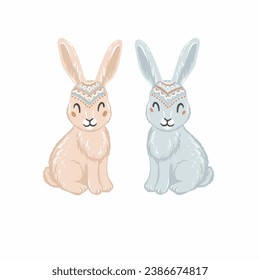 Boho style rabbits, cute characters, vector hand drawn art