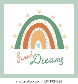 A boho style rainbow with decorative elements. Hand drawn lettering. Minimalist abstract Scandinavian design in pastel colors. Vector illustration for greeting cards, invitations, clothing print.