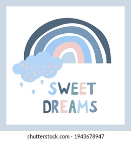 Un arcoiris de estilo boho con elementos decorativos. Letras dibujadas a mano. Diseño escandinavo abstracto minimalista en colores pastel. Ilustración vectorial para tarjetas de felicitación, invitaciones, impresión de ropa.