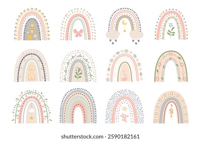 Boho style rainbow. Doodle rainbows decorative elements with clouds, bow, moon and stars. Newborn nursery stickers, scrapbook nowaday vector clipart