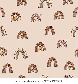 Estilo boho estilo arco iris doodle vector sin fisuras patrón para bebé con corazón de amor
