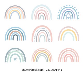 Boho style rainbow set. Cute baby illustration in modern trendy colors. Perfect for any designs and creative ideas. Isolated vector