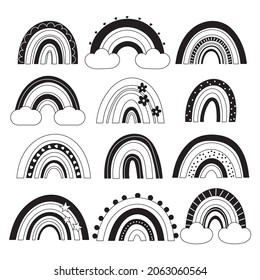 Arcos de lluvia estilo Boho. Flores de doodle dibujadas a mano, estrellas, líneas y puntos. Colores en blanco y negro. Ilustración del contorno del vector.