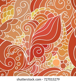 Boho style red textile pattern with waves and curles. Colorful oriental zentangle style seamless background.