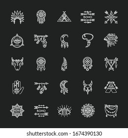 Boho style RGB chalk white icons set on black background. Native American Indian amulets. Dreamcatcher ethnic charms. Esoteric symbols. Vintage pendant. Isolated vector chalkboard illustrations