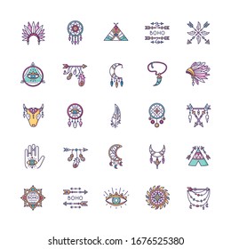 Boho style RGB color icons set. Native American Indian amulets. Dreamcather ethnic charms. Hippie and bohemian accessories. Esoteric symbols. Vintage pendant. Isolated vector illustrations