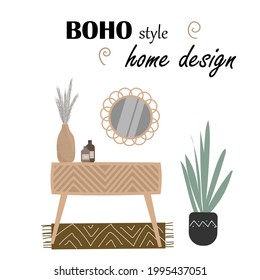 boho style room design. dressing table with mirror and houseplants. scandi room