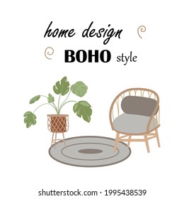 boho style room design. minimalism in the interior. wicker chair with pillows, palm tree in flowerpots on legs.