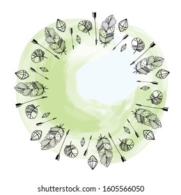 Boho style round frame. Stylish vector wreath clipart with arrows, dimonds and feathers. Beautiful temlate for logoes and packaging design, invitations, promotions, ads, apparel printing, etc.