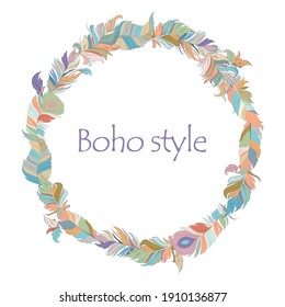 Boho style round wreath of feathers. Tribal, ethnic elements. Vector illustration isolated on white background.