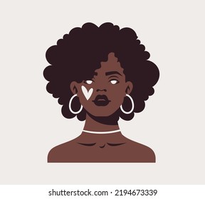 Boho style sacred flat vector illustration with the ethnic tribal portrait of a magic beautiful black curly woman. Isolated on colored background