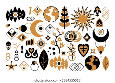 Boho style sacred symbols big set. Mystic icons and mystery knowledge pictograms. Magical black and gold signs collection. Secret sacred vector elements isolated on white background for decoration