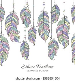 Boho style seamless border frame with colorful ornamental feather on strings. Vector ethnic print design. Pastel colors vector hand drawn, tribal gypsy concept.