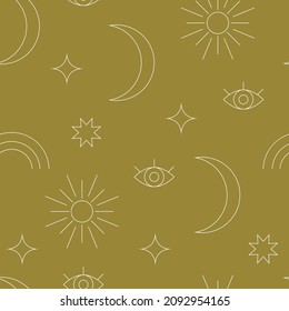 Boho style seamless pattern. Bohemian background with line moon, star, rainbow, eye. Retro fashion abstract geometric linear print. Vector boho pattern