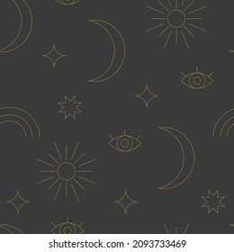 Boho Stil nahtlose Muster. Böhmischer Hintergrund mit Linienmond, Stern, Regenbogen, Auge. Retro Mode abstrakter geometrischer lineares Druck. Vektor-Boho-Muster