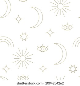 Boho style seamless pattern. Bohemian background with line moon, star, rainbow, eye. Retro fashion abstract geometric linear print. Vector boho pattern