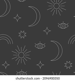 Boho style seamless pattern. Bohemian background with line moon, star, rainbow, eye. Retro fashion abstract geometric linear print. Vector boho pattern