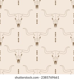 Boho style seamless pattern with bull skuls. Western themed hand drawn background.