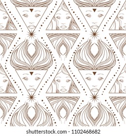 Boho style. Seamless pattern with girl face. One color. Thin graphics. Vector. Stylish design.