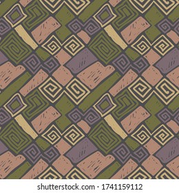 Boho style seamless pattern. Grunge vector texture. Childish style design with geometric shapes and sketched lines.