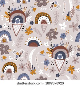 Boho Style Seamless Pattern With Hand Drawn Rainbows, Hearts, Flowers, Birds And Ice Cream. Trendy Kids Vector Background.