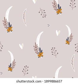 Boho style seamless pattern with hand drawn floral moons. Trendy kids vector background. Perfect for textile, apparel, fabric design.
