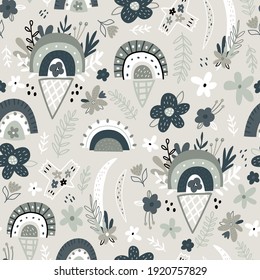 Boho style seamless pattern with hand drawn rainbows, hearts, flowers, birds and ice cream. Trendy kids mint vector background.
