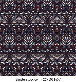 Boho style seamless pattern with hand drawn ethnic motif elements. Aztec stylized ornament with shabby vintage effect.
