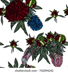 Boho style. Seamless pattern with peony bouquet and feathers.