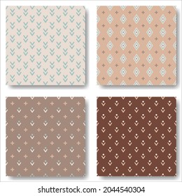 Boho style seamless pattern set. Cute and cozy cottagecore vector backgrounds. Print template