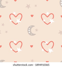 Estilo boho, patrón impecable de estrellas y corazones. Ilustración vectorial del Día de San Valentín.
