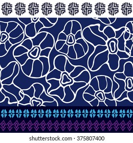 Boho style seamless vector pattern. Australian aboriginal art motifs. Ethnic textile collection. Hand drawn prehistorical ornaments, fantasy flowers, geometric borders. Blue and white.