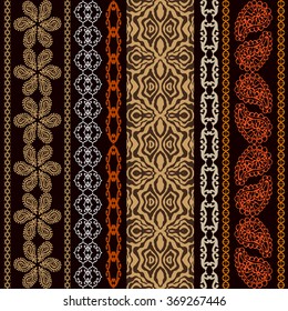 Boho style seamless wallpaper with fantasy ethnic motifs, animal print and Art Deco elements. Abstract geometrical vector pattern. Safari collection. Dark brown. Backgrounds & textures shop.