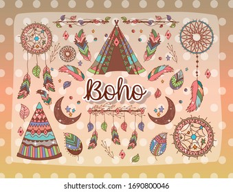 Boho style set design, bohemic rustic decoration vintage fashion art ornament and drawn theme Vector illustration