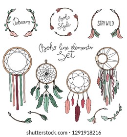 boho style set - dream catcher with feathers; arrows, crystal, branches, horns; hand drawn vector illustration in sketch style; hippie or hipster design