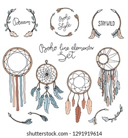 boho style set - dream catcher with feathers; arrows, crystal, branches, horns; hand drawn vector illustration in sketch style; hippie or hipster design
