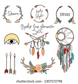boho style set - dream catcher with feathers; ethnic bull skull, arrows, branches, horns, moon symbol; hand drawn vector illustration in sketch style; hippie or hipster design