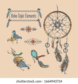 boho style set, dream catcher with feathers; arrows